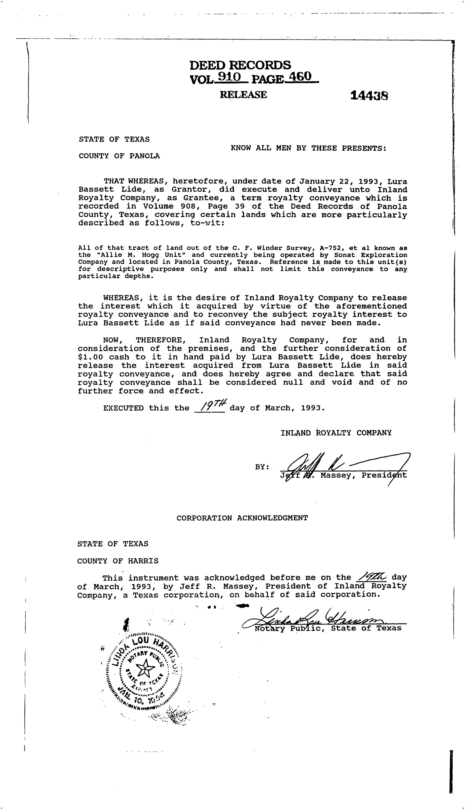 Inland Royalty Co - Recorded Release (Vol. 910, Page 460)
