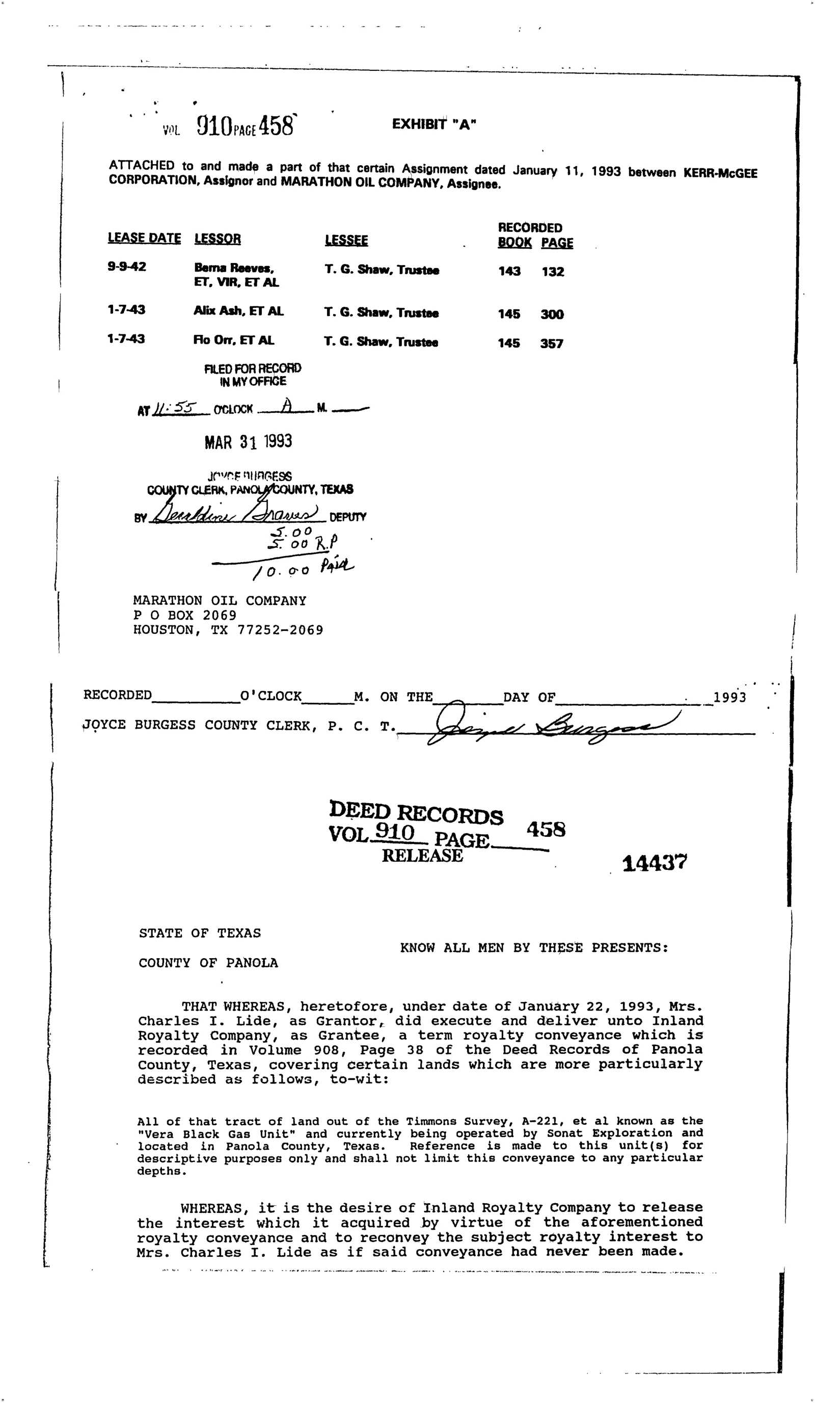 Inland Royalty Co - Recorded Release (Vol. 910, Page 458)